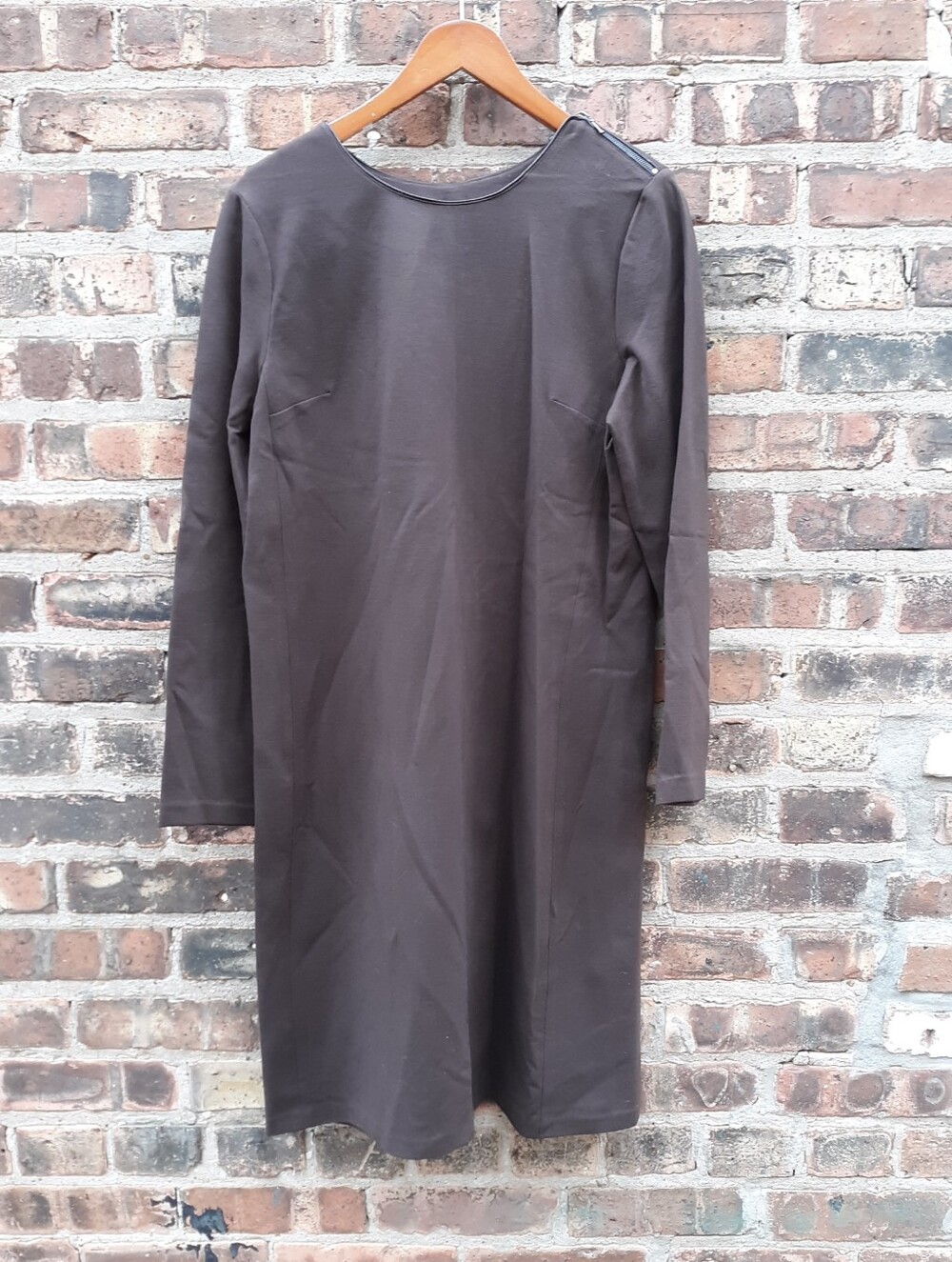 Talbots Brown Shift Dress Size 12 Faux Leather Trim Long Sleeve Contemporary